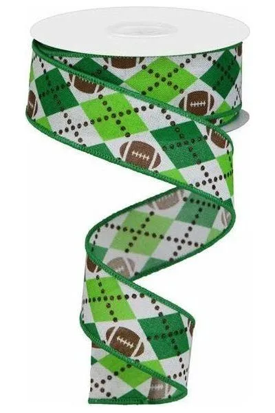 1.5" Argyle Footballs Ribbon: Green (10 Yards)