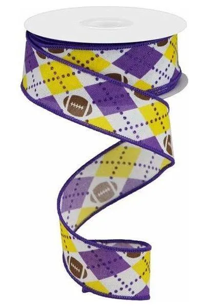 1.5" Argyle Footballs Ribbon: Yellow & Purple (10 Yards)