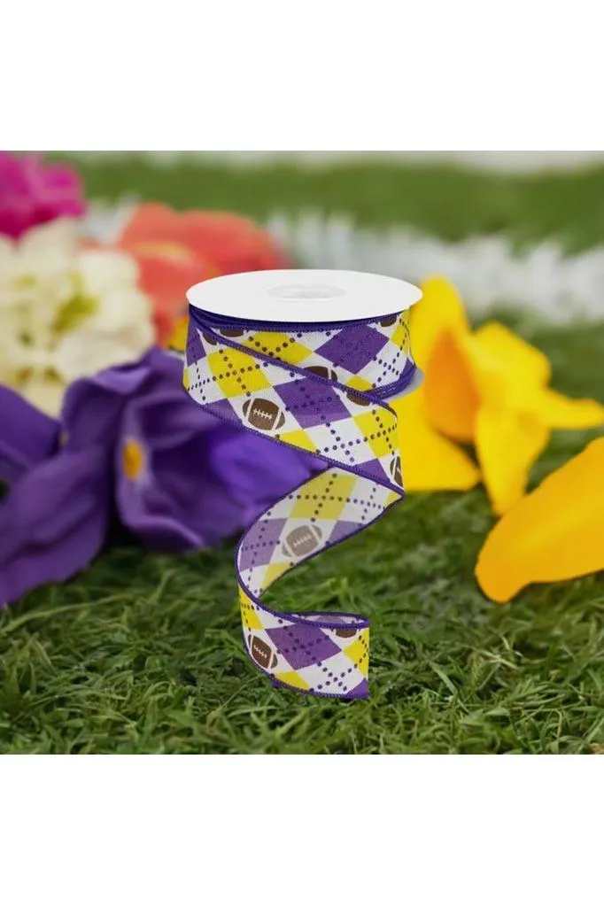 1.5" Argyle Footballs Ribbon: Yellow & Purple (10 Yards)