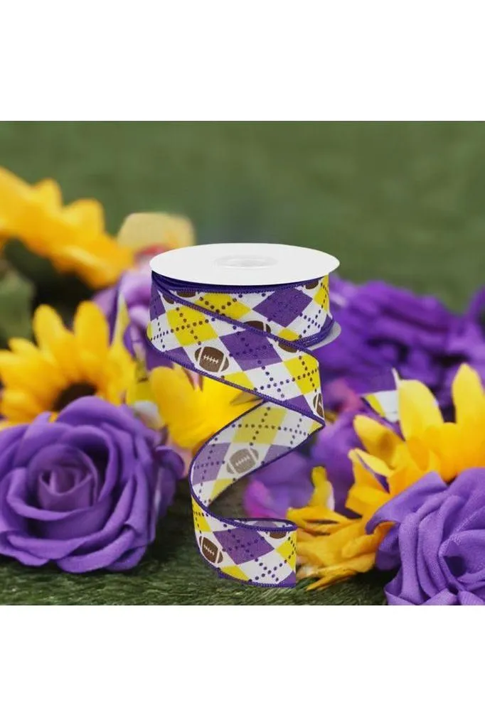 1.5" Argyle Footballs Ribbon: Yellow & Purple (10 Yards)