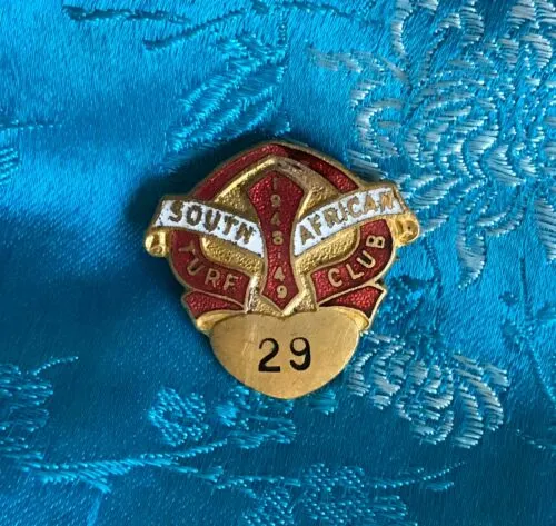 1948-1949 South African Turf Club # 29 Red   Gold Tone Enamel Cameo Pin Badge