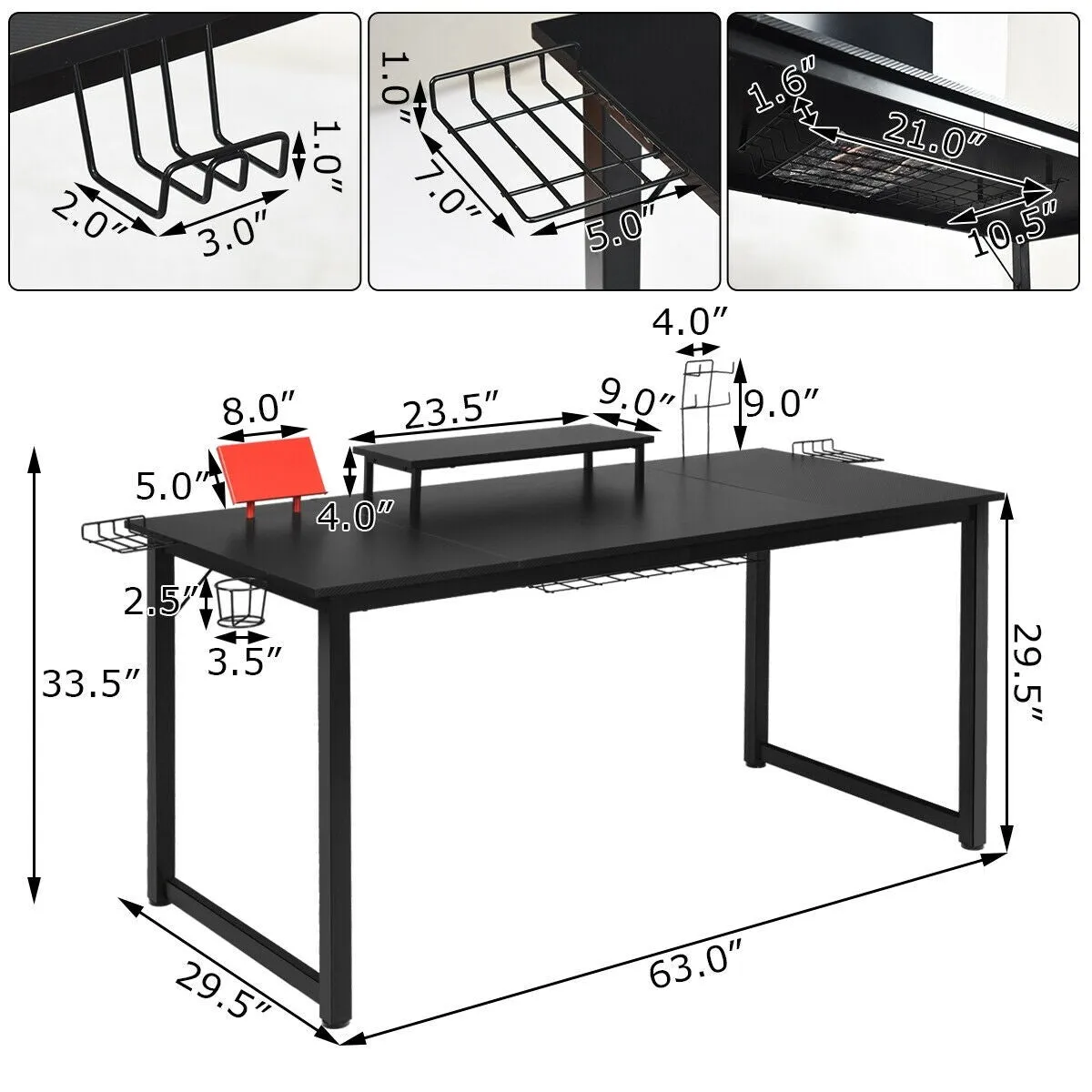 63" Computer Gaming Desk with Monitor Shelf - Black