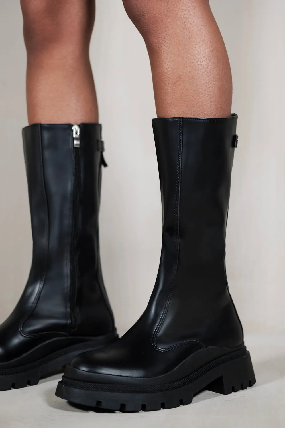 ADALINE CALF BOOT WITH STRETCH PANEL & ZIP UP DETAIL IN BLACK FAUX LEATHER