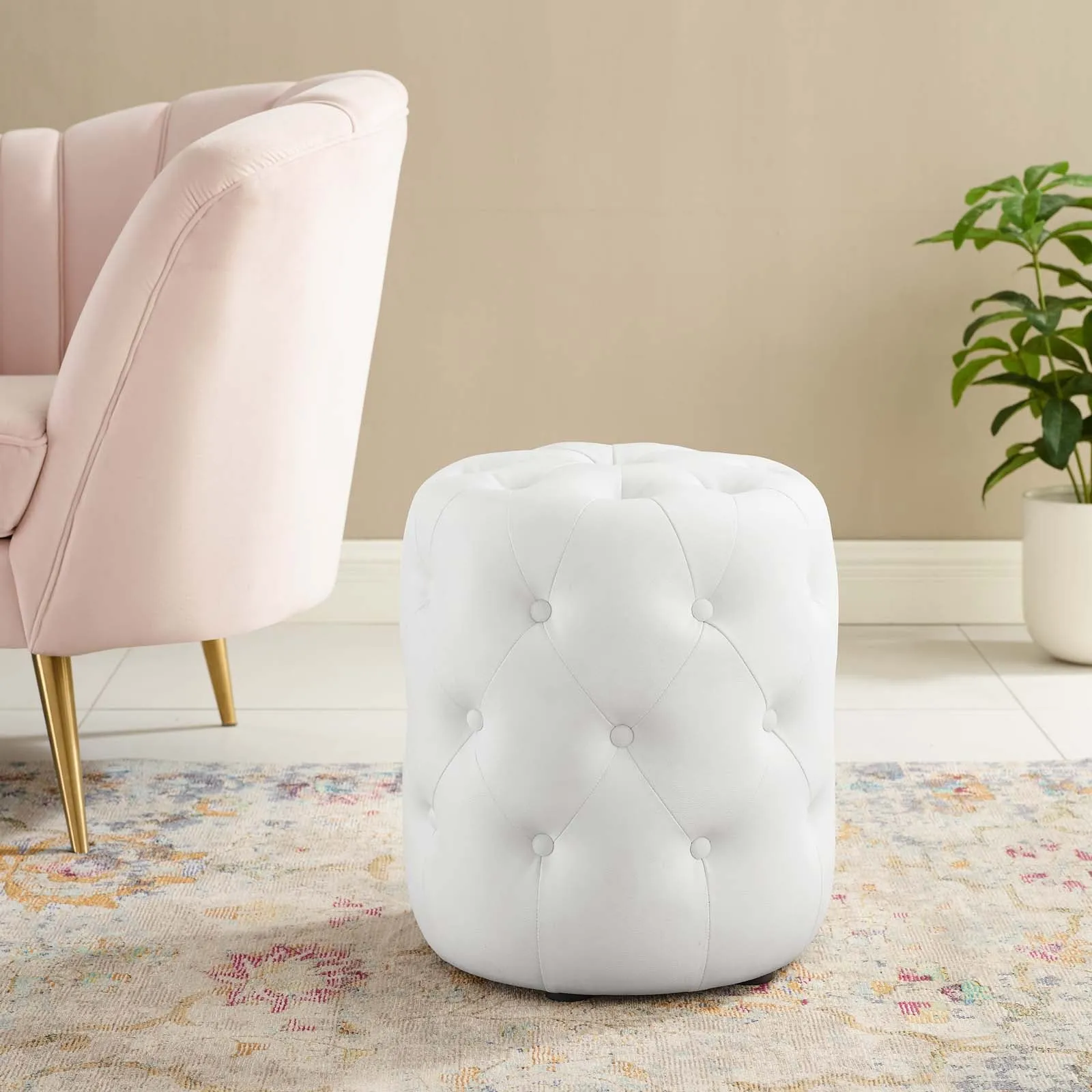 Amour Tufted Button Round Faux Leather Ottoman by Modway