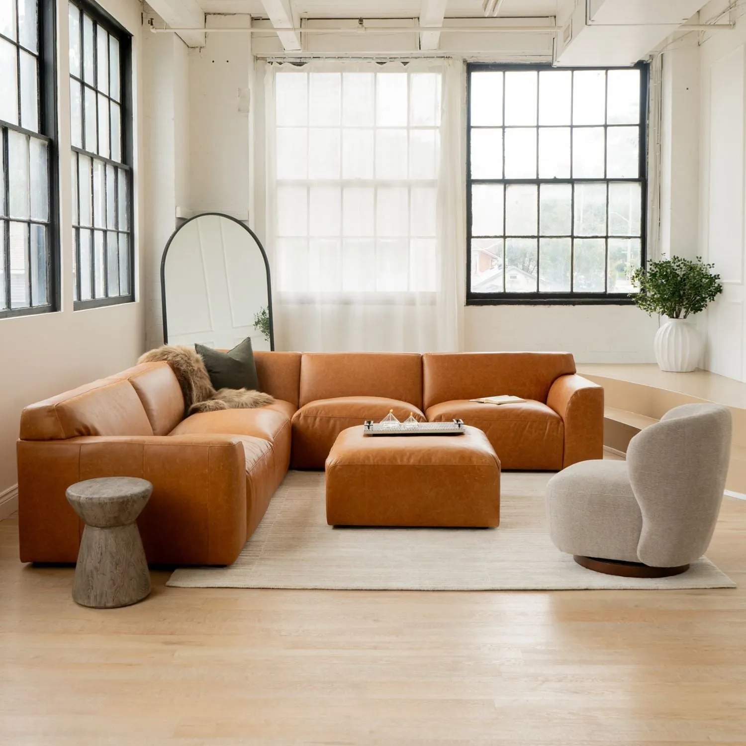 Aspen Distressed Cognac Leather Modular 5pc Sectional