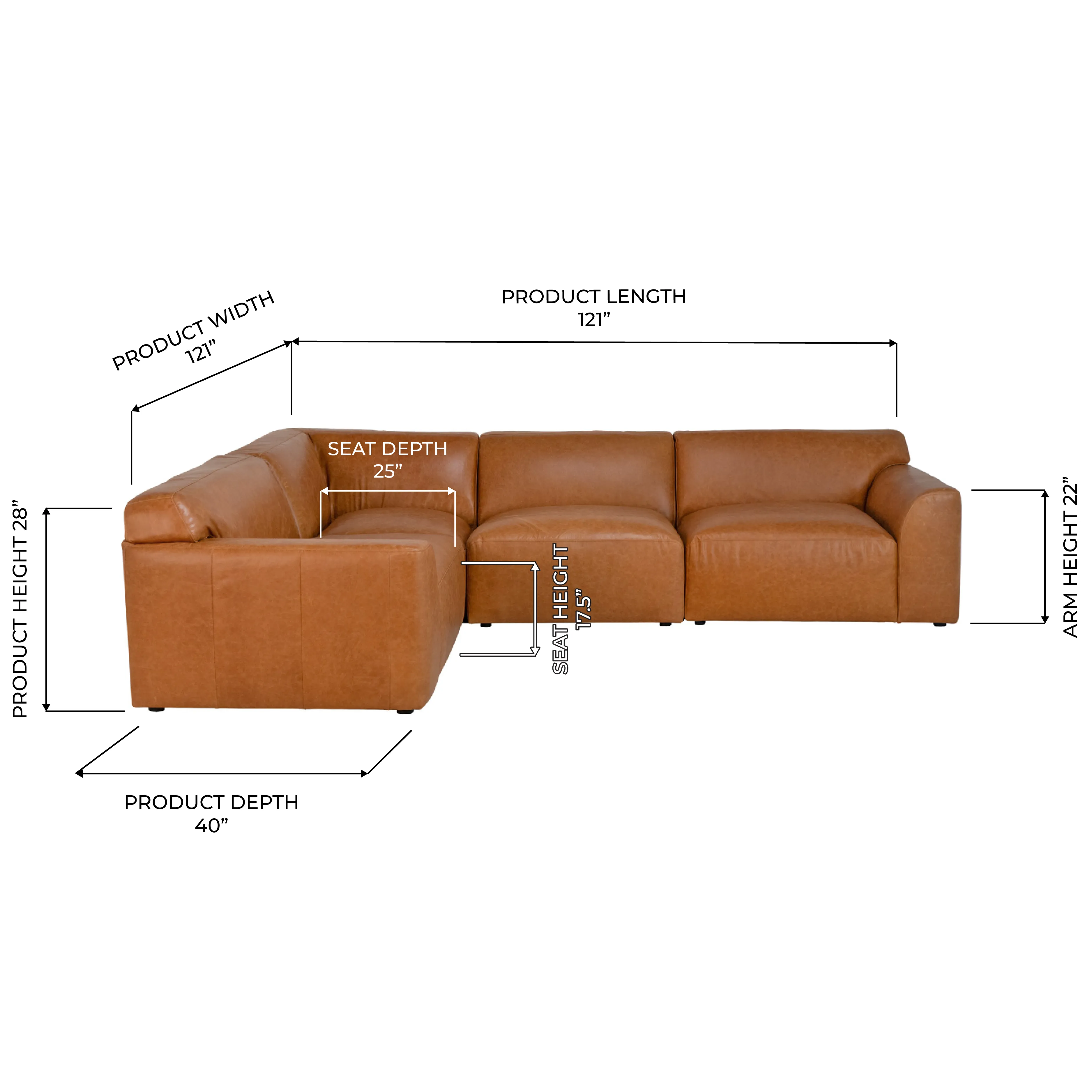 Aspen Distressed Cognac Leather Modular 5pc Sectional