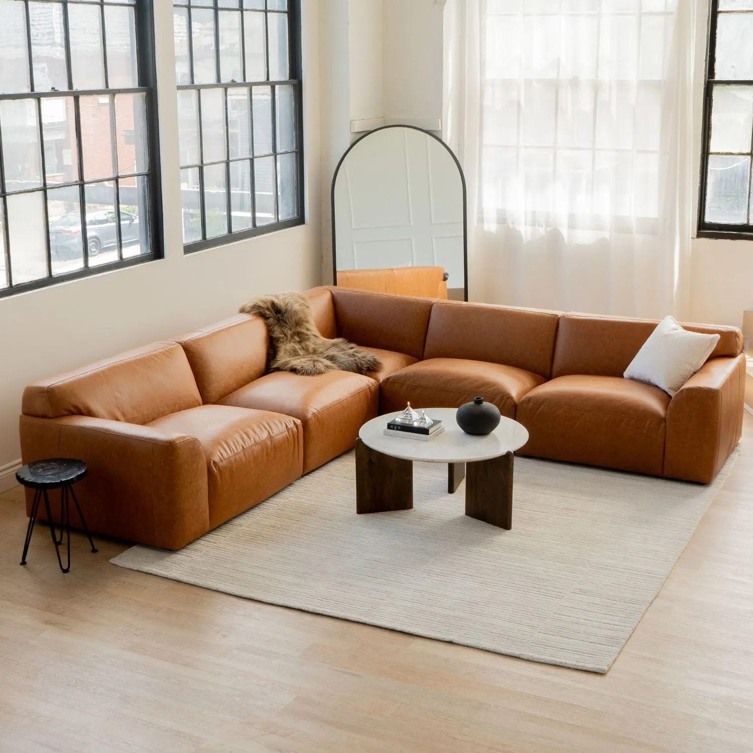 Aspen Distressed Cognac Leather Modular 5pc Sectional