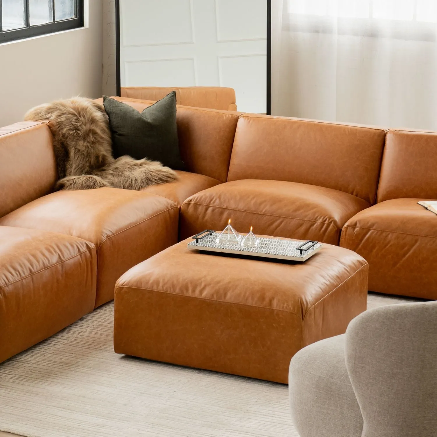 Aspen Distressed Cognac Leather Ottoman