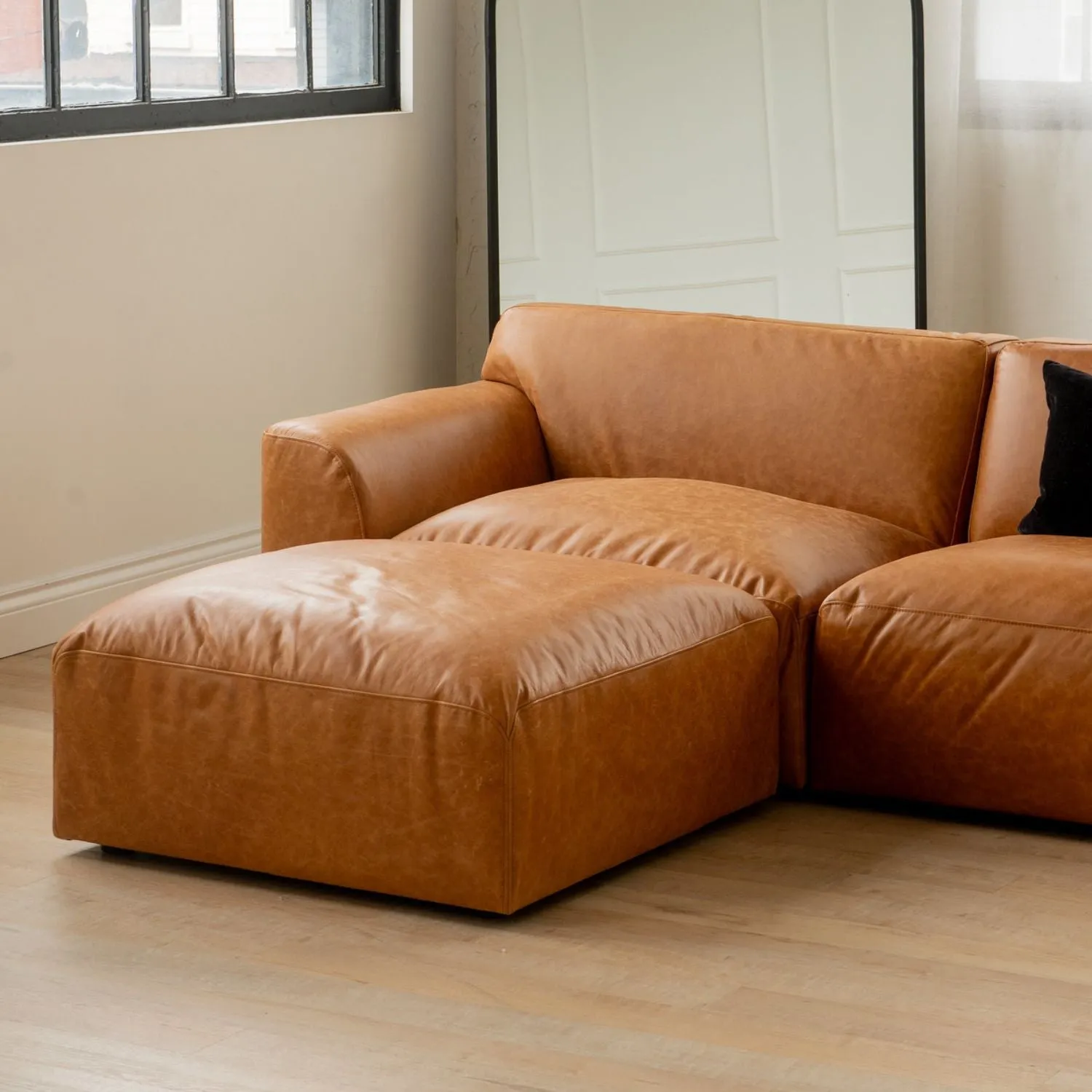 Aspen Distressed Cognac Leather Ottoman