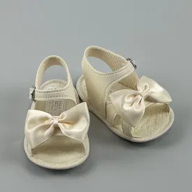 Baby Girl Cream Pram Sandals - With Satin Bow