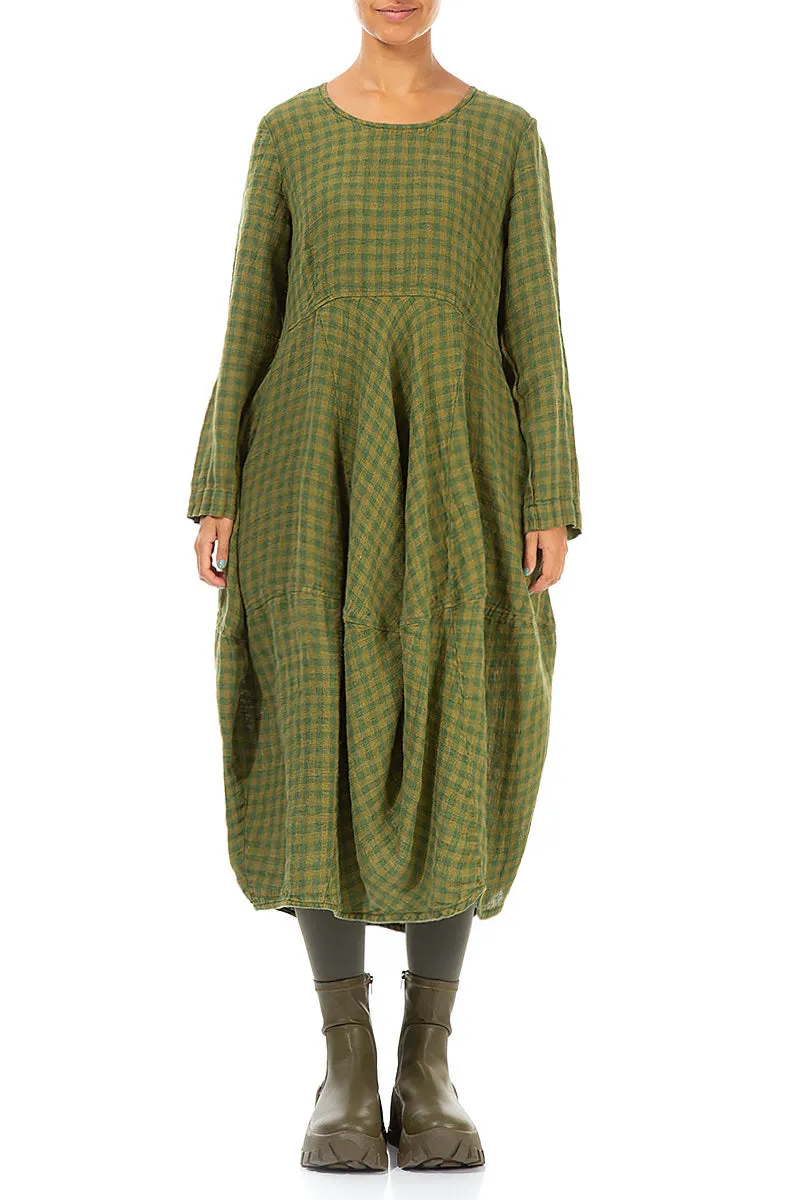 Balloon Green Check Linen Dress