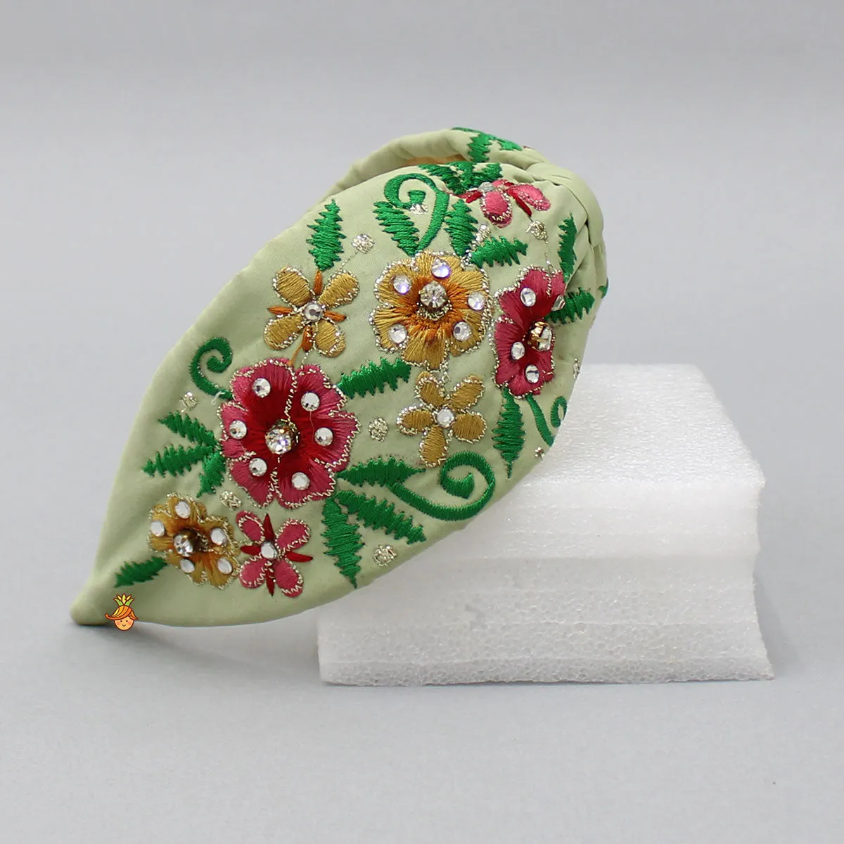 Beautiful Floral Embroidered Green Hair Band