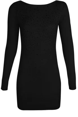 BENEY KNITTED LONG SLEEVE JUMPER DRESS WITH DIAMANTE DETAIL IN BLACK