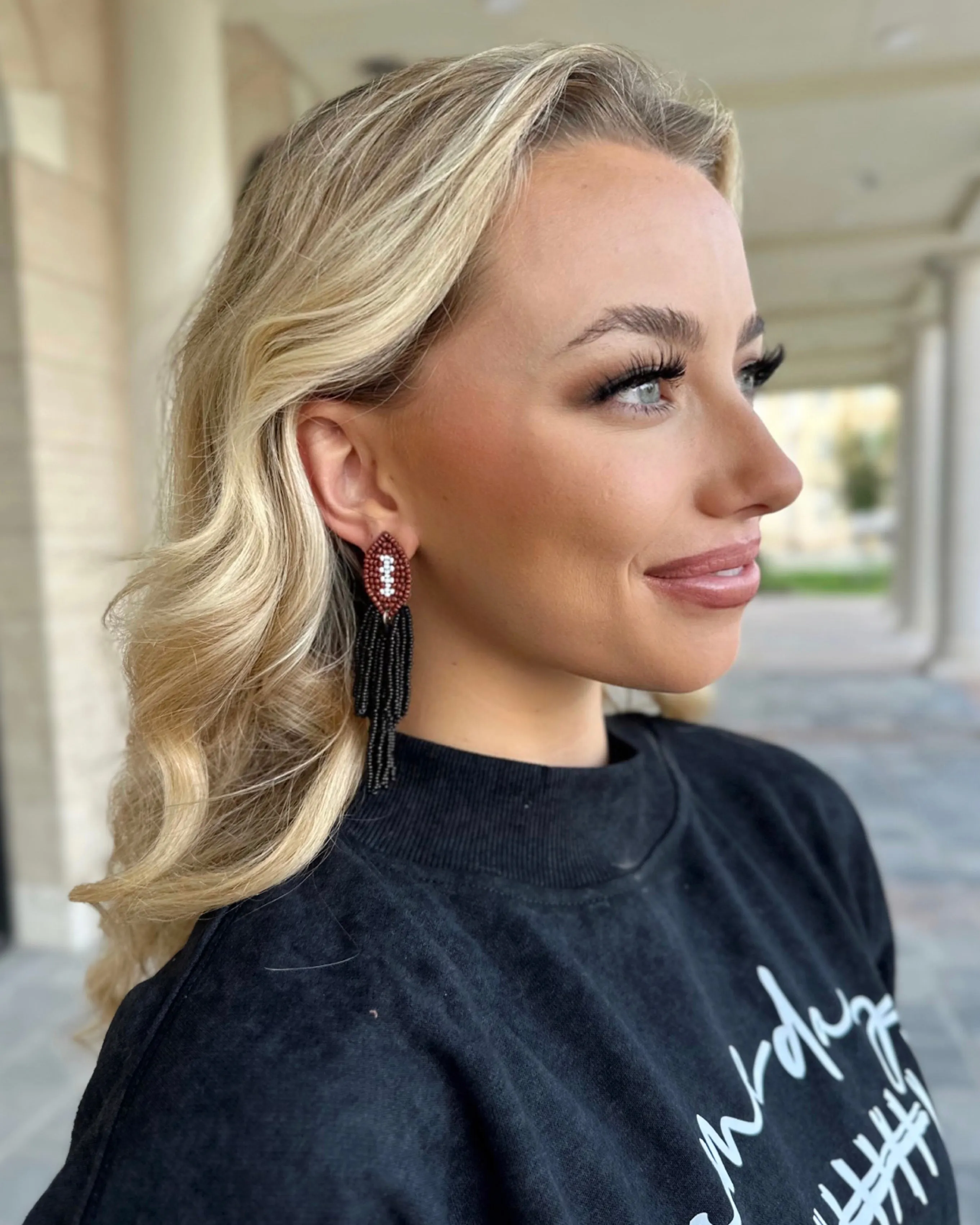 Black Fringe Football Beaded Earring