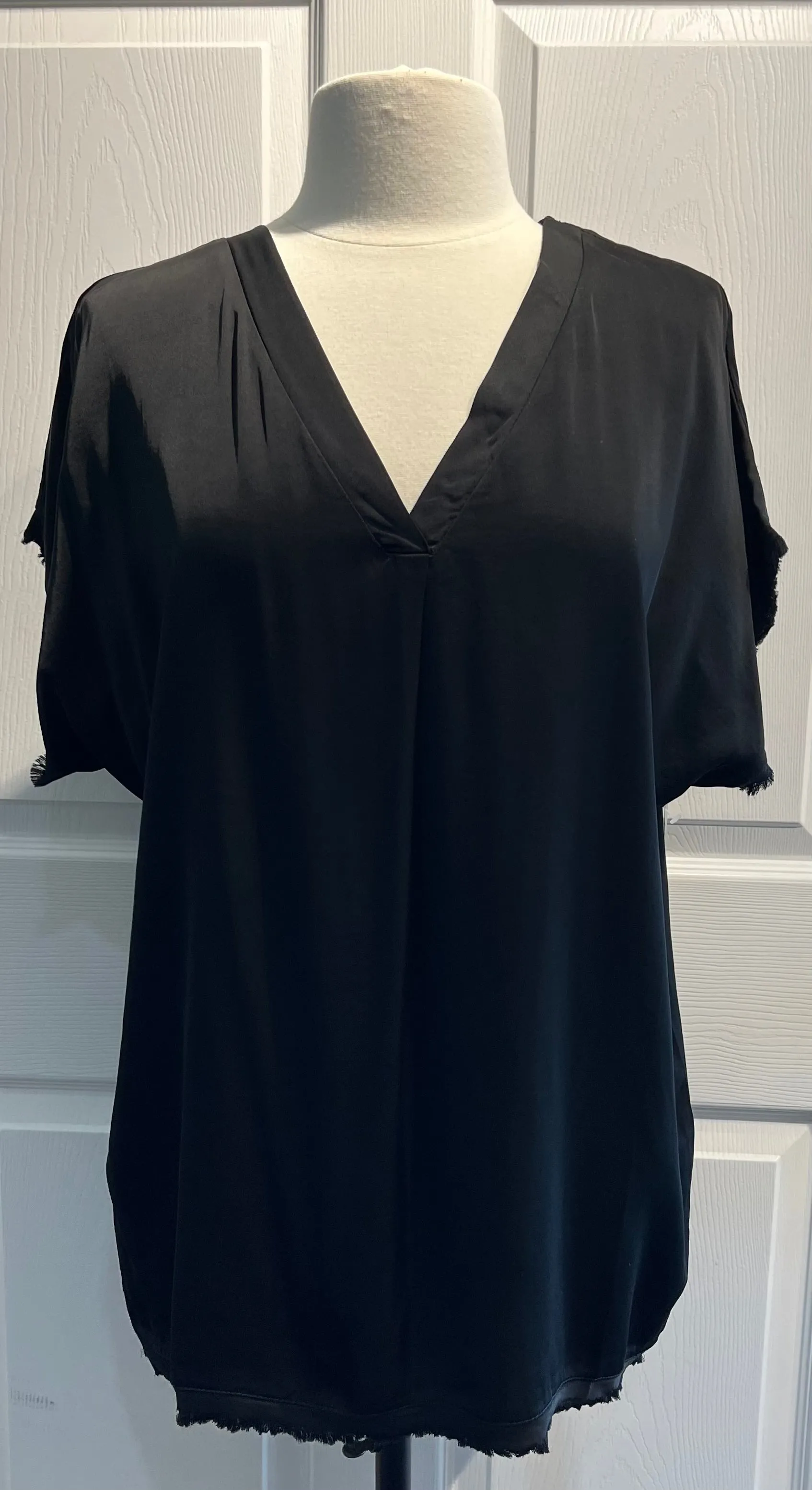 Black Silky V-Neck Top with Raw Hem