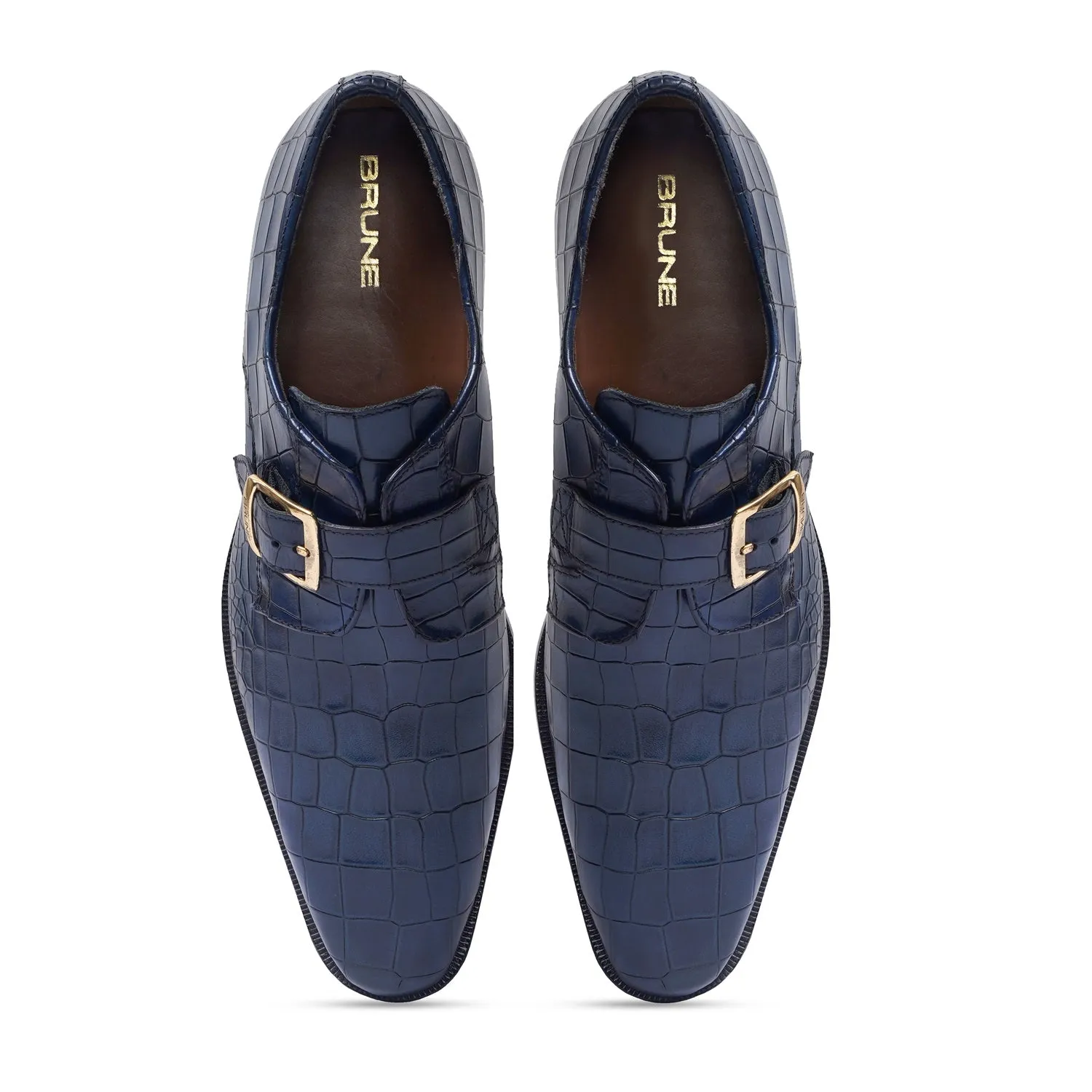 Blue Deep Cut Leather Slant Toe Derby Monk Strap Shoes