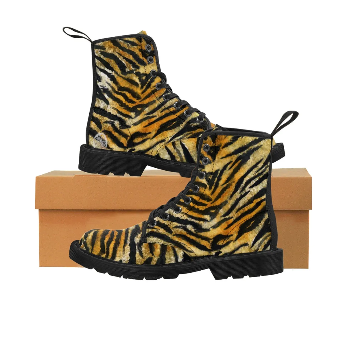 Brown Tiger Striped Men's Boots, Best Animal Print Lace-Up Winter Boots Cap Toe Shoes