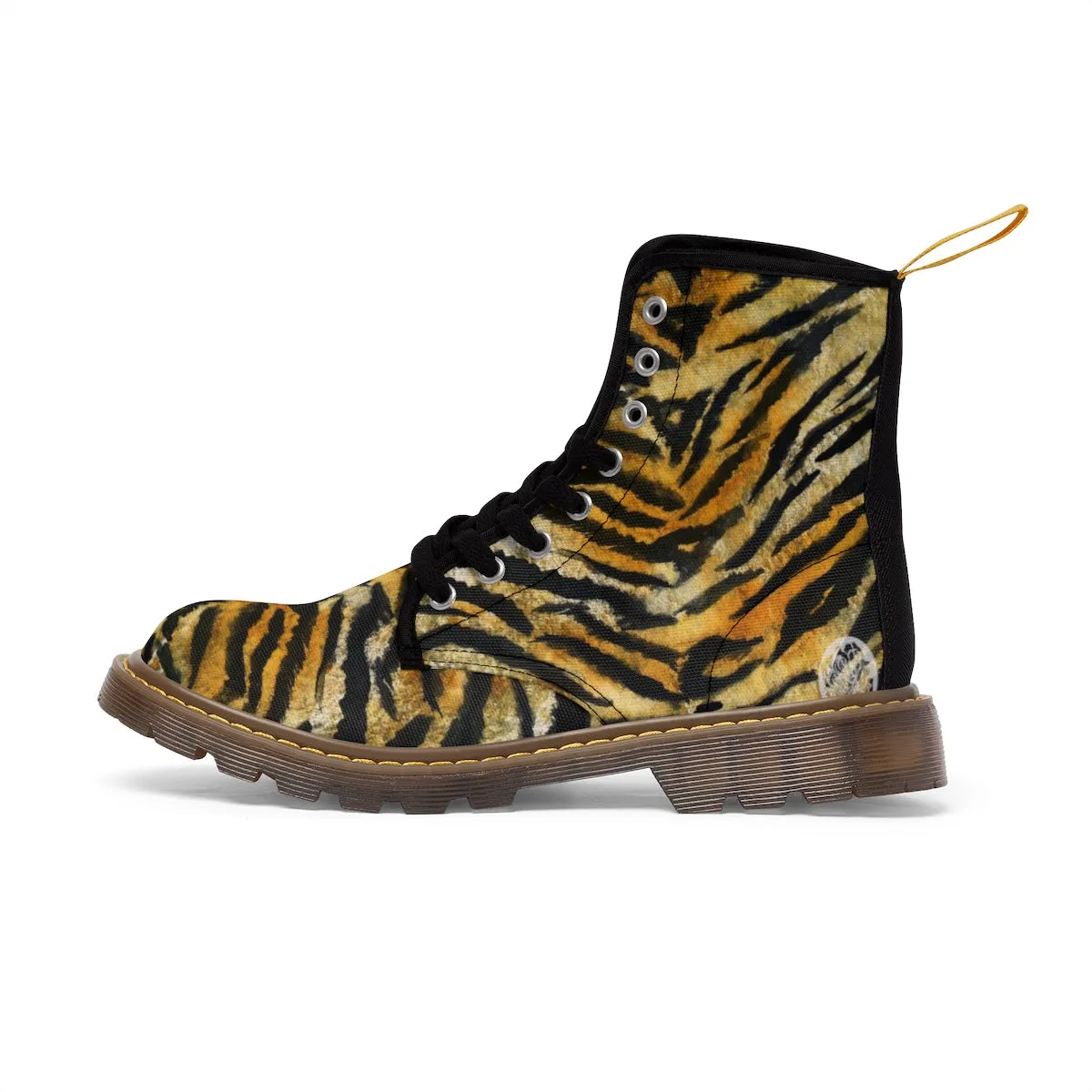 Brown Tiger Striped Men's Boots, Best Animal Print Lace-Up Winter Boots Cap Toe Shoes