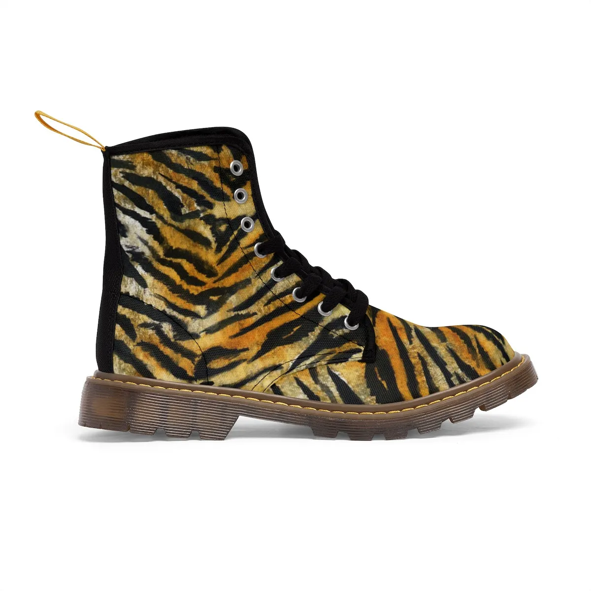 Brown Tiger Striped Men's Boots, Best Animal Print Lace-Up Winter Boots Cap Toe Shoes