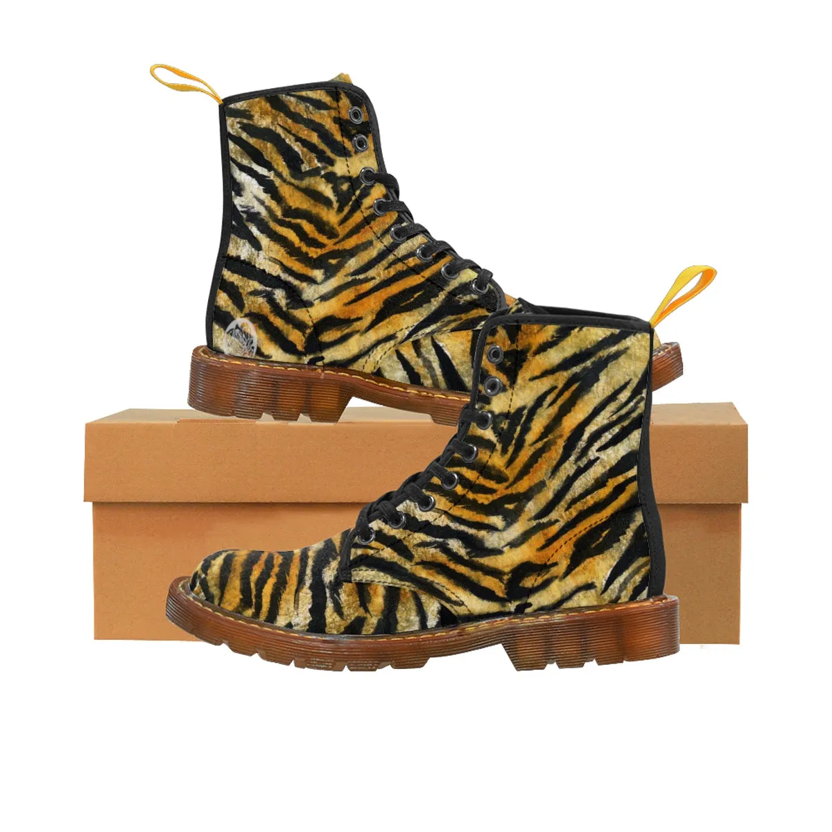 Brown Tiger Striped Men's Boots, Best Animal Print Lace-Up Winter Boots Cap Toe Shoes