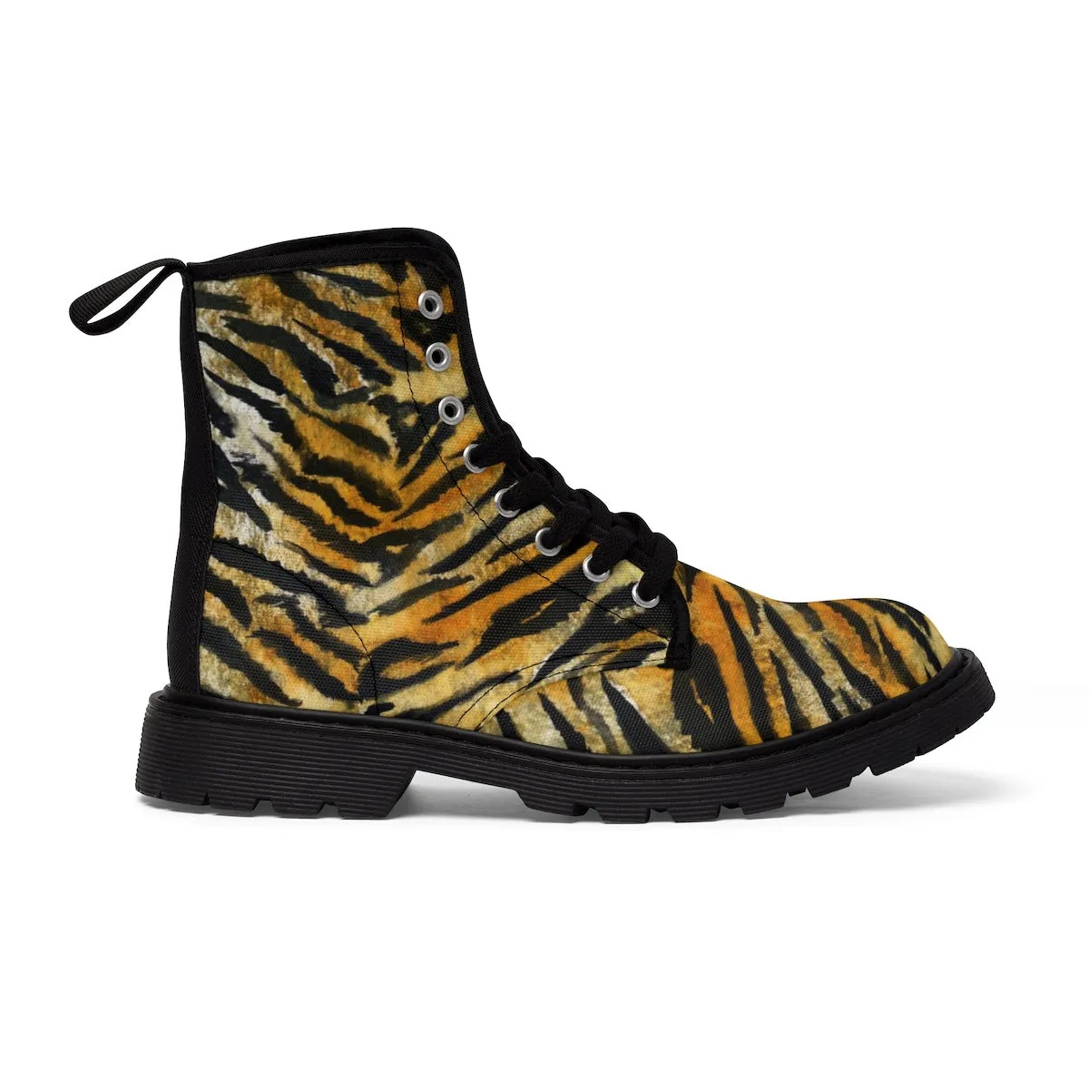 Brown Tiger Striped Men's Boots, Best Animal Print Lace-Up Winter Boots Cap Toe Shoes