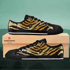 Brown Tiger Striped Men's Sneakers, Animal Print Designer Men's Low Top Sneakers Shoes