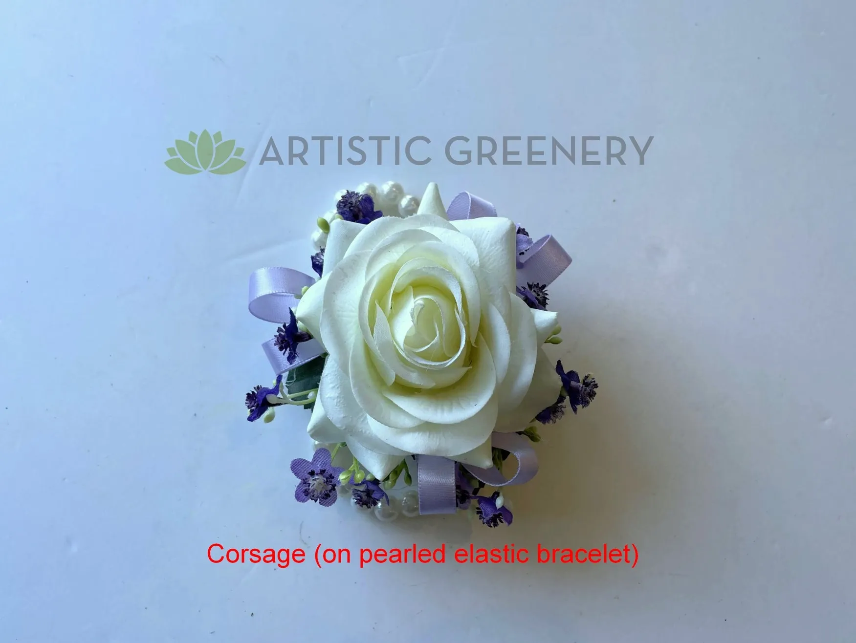 Corsage - White Rose with Lilac Ribbon & Gypso - COR002