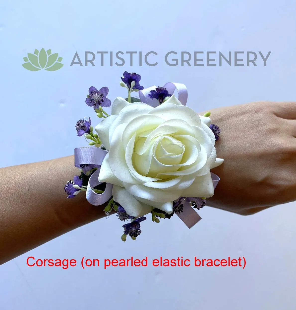 Corsage - White Rose with Lilac Ribbon & Gypso - COR002