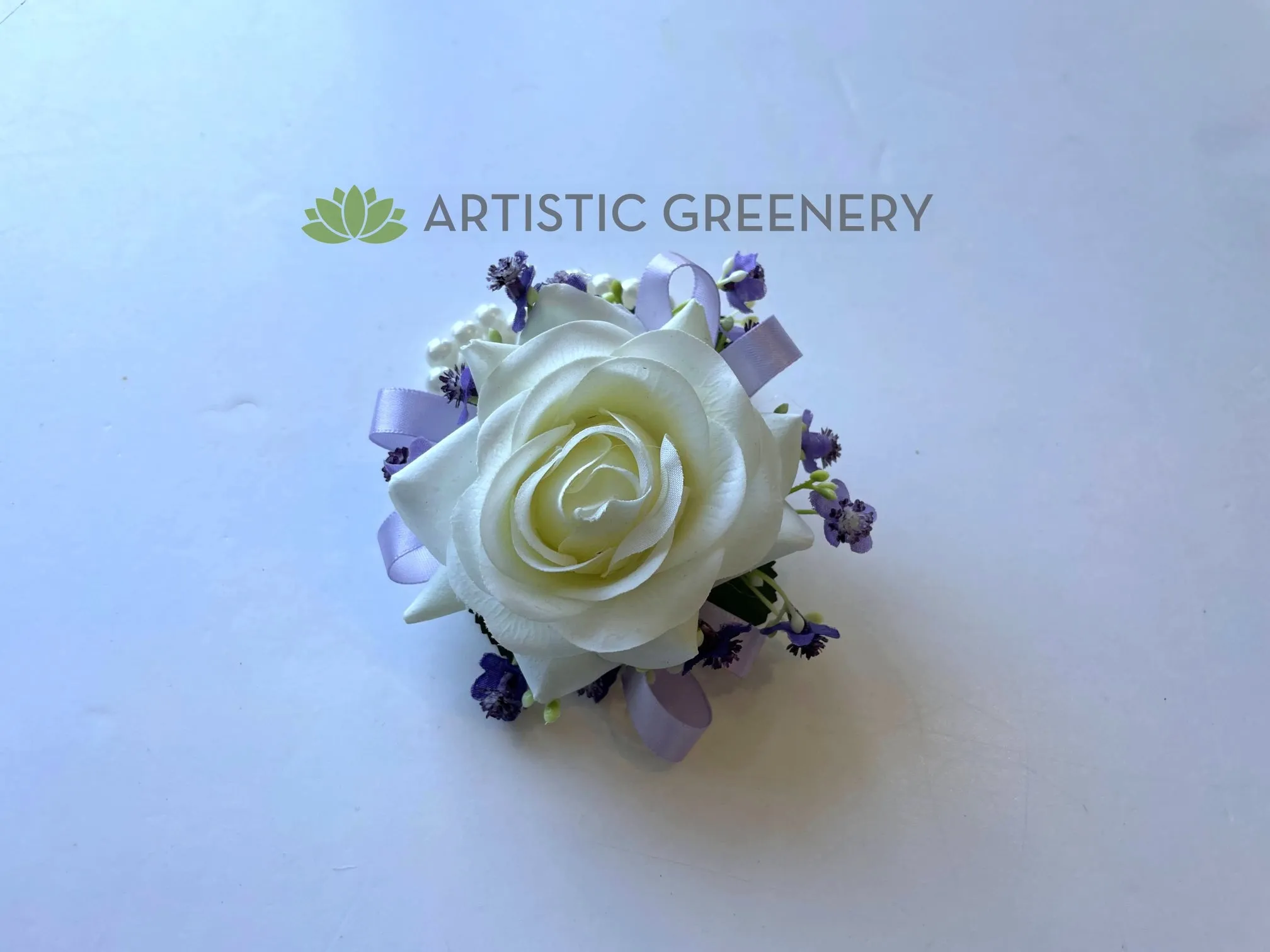 Corsage - White Rose with Lilac Ribbon & Gypso - COR002