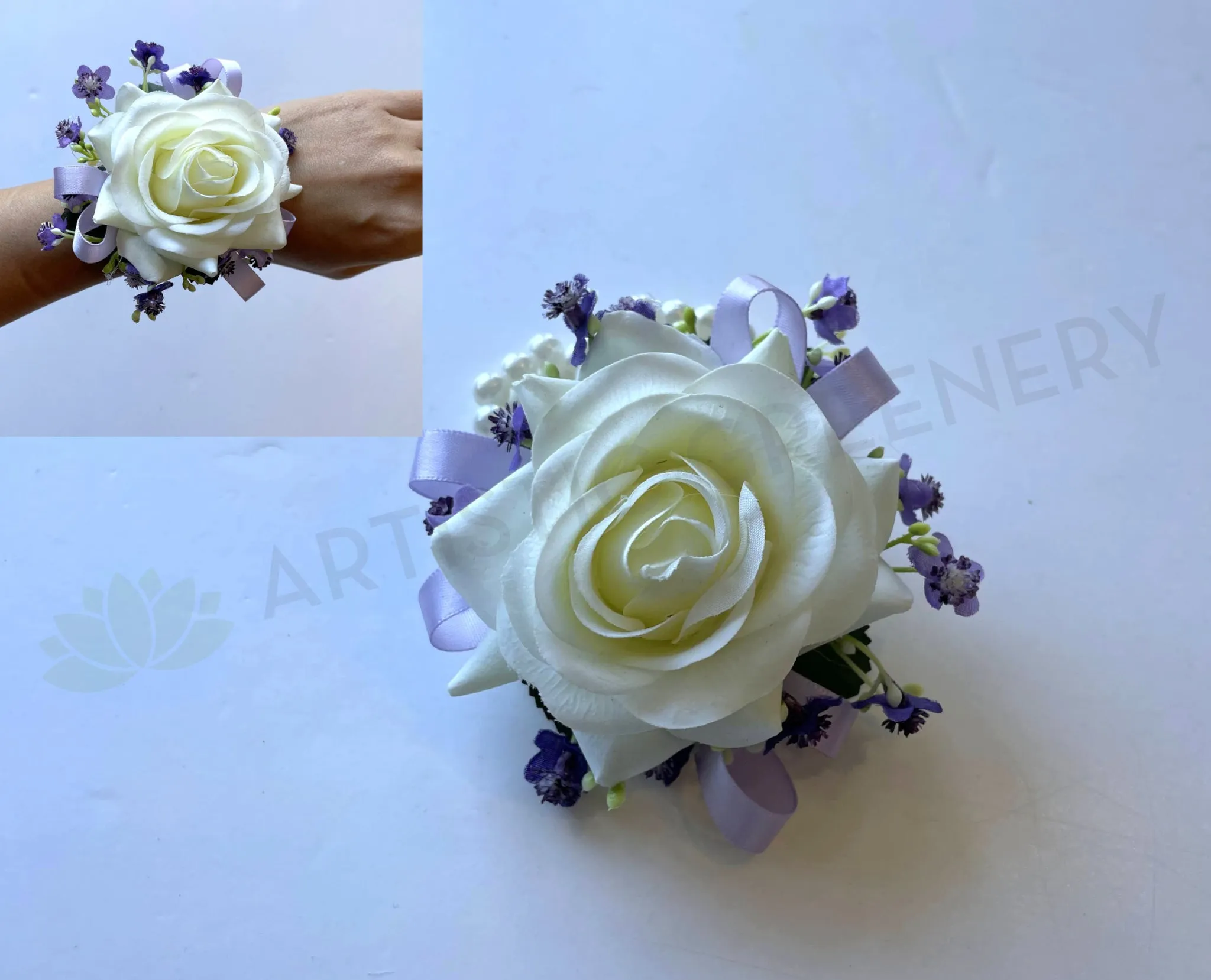 Corsage - White Rose with Lilac Ribbon & Gypso - COR002