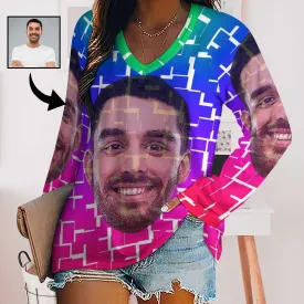 Custom Big Face Long Sleeves Shirt Women's Personalized Colorful Puzzle Loose Tops