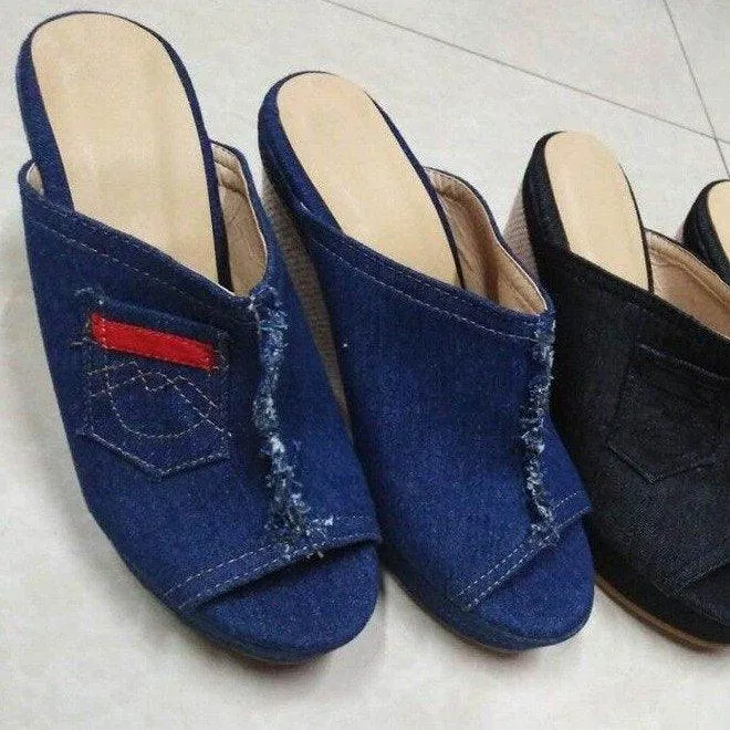 Denim high heels wedge sandals