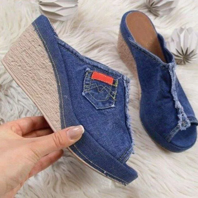 Denim high heels wedge sandals