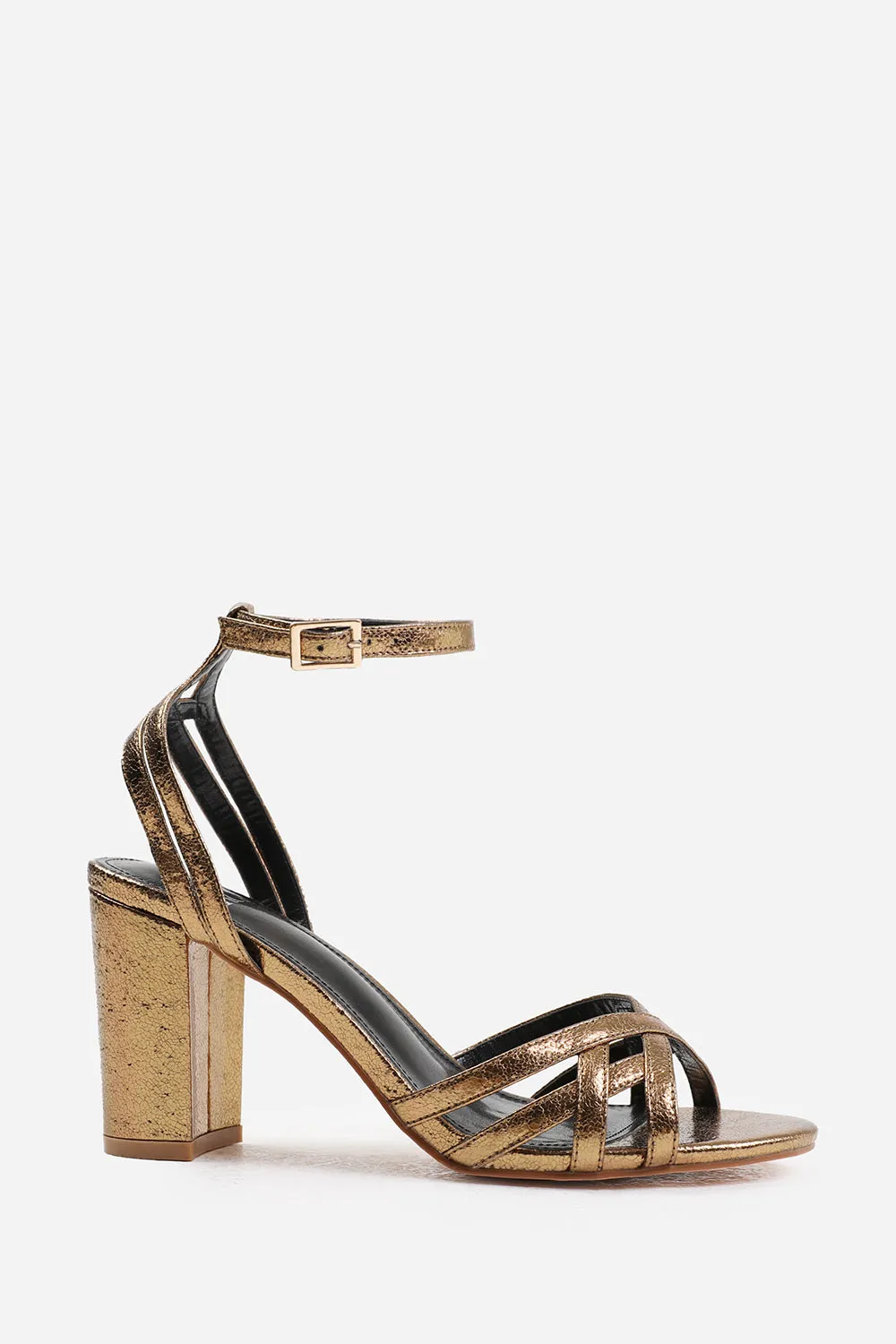 ESMER WIDE FIT MID BLOCK HEEL WITH CROSS OVER STRAP DETAILING IN GOLD CRINKLE FAUX LEATHER