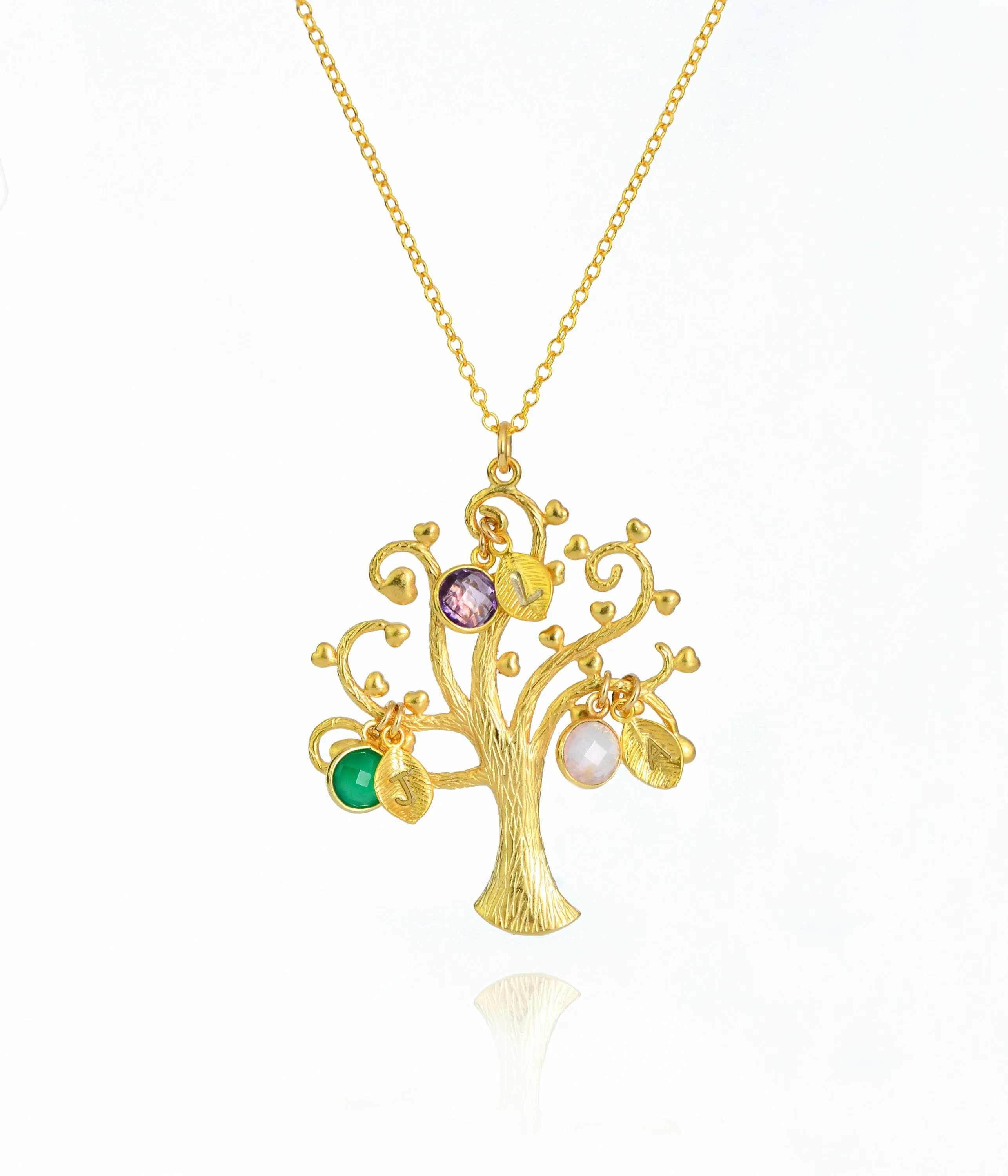 Family Swirly Tree Necklace with Kids Birthstones & Initials