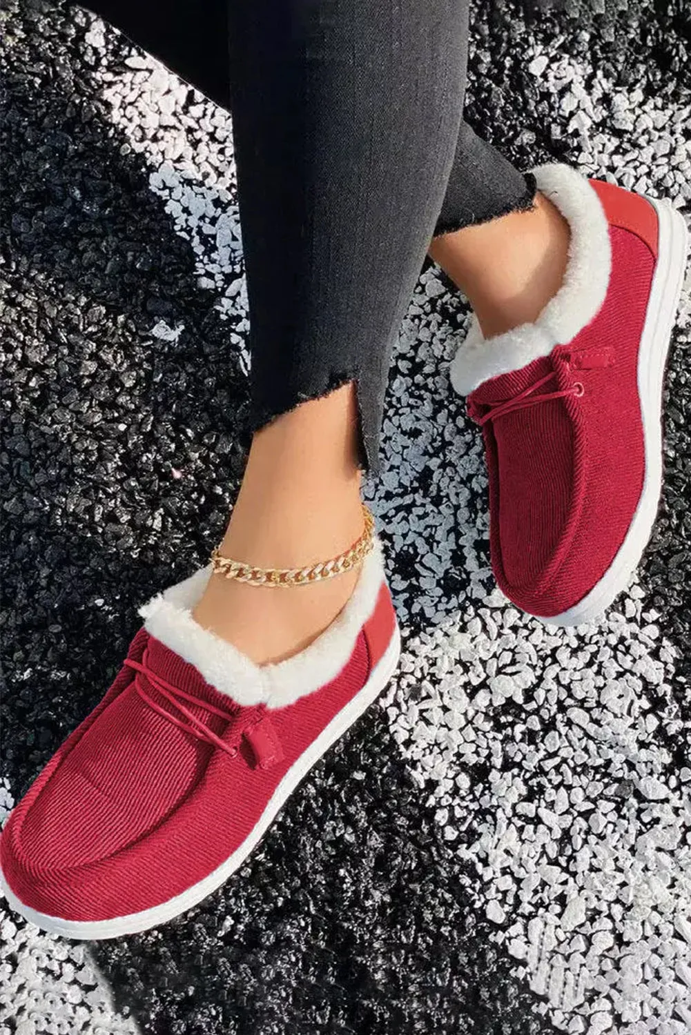 Fiery Red Lace Up Corduroy Fur Lined Slips On Shoes