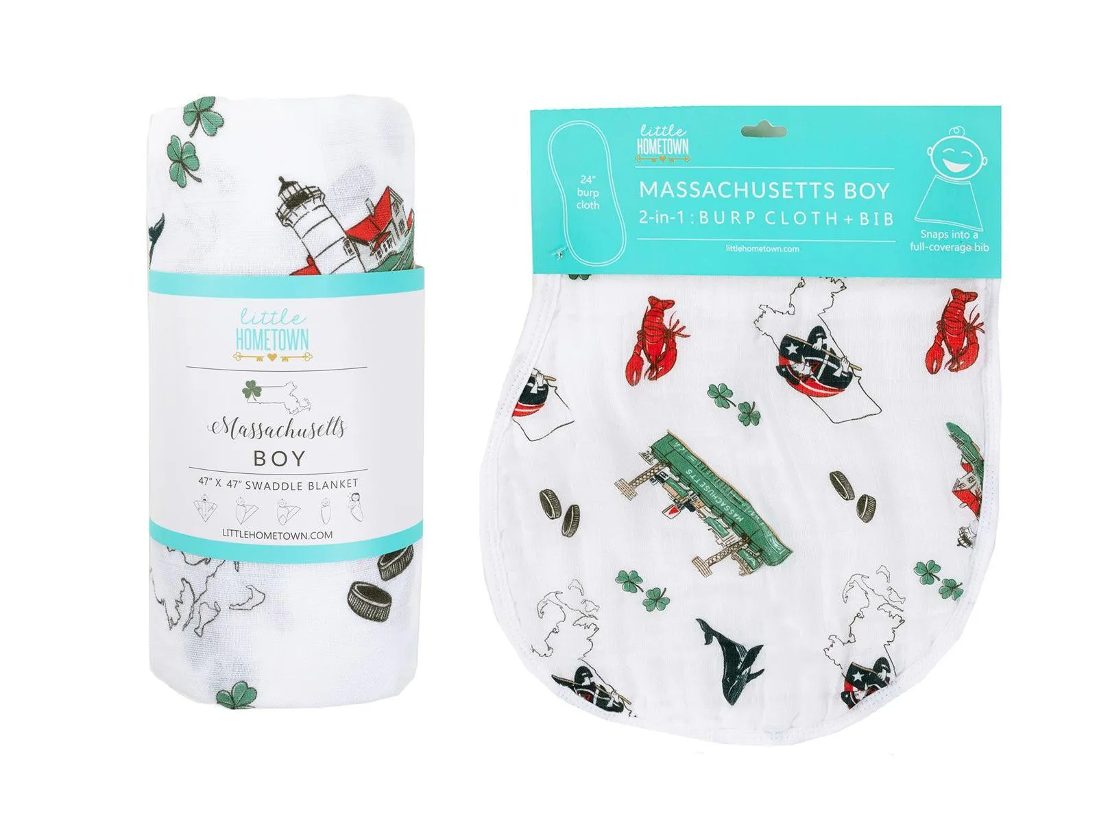 Gift Set: Massachusetts Baby Muslin Swaddle Blanket and Burp Cloth/Bib Combo