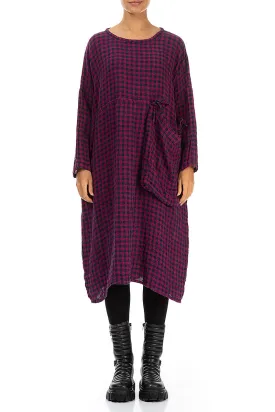 Large Side Pocket Magenta Check Linen Dress