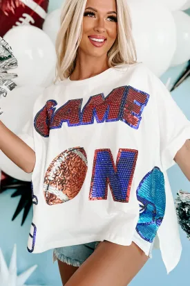 "Game On" Oversized Sequin Graphic Top (White)