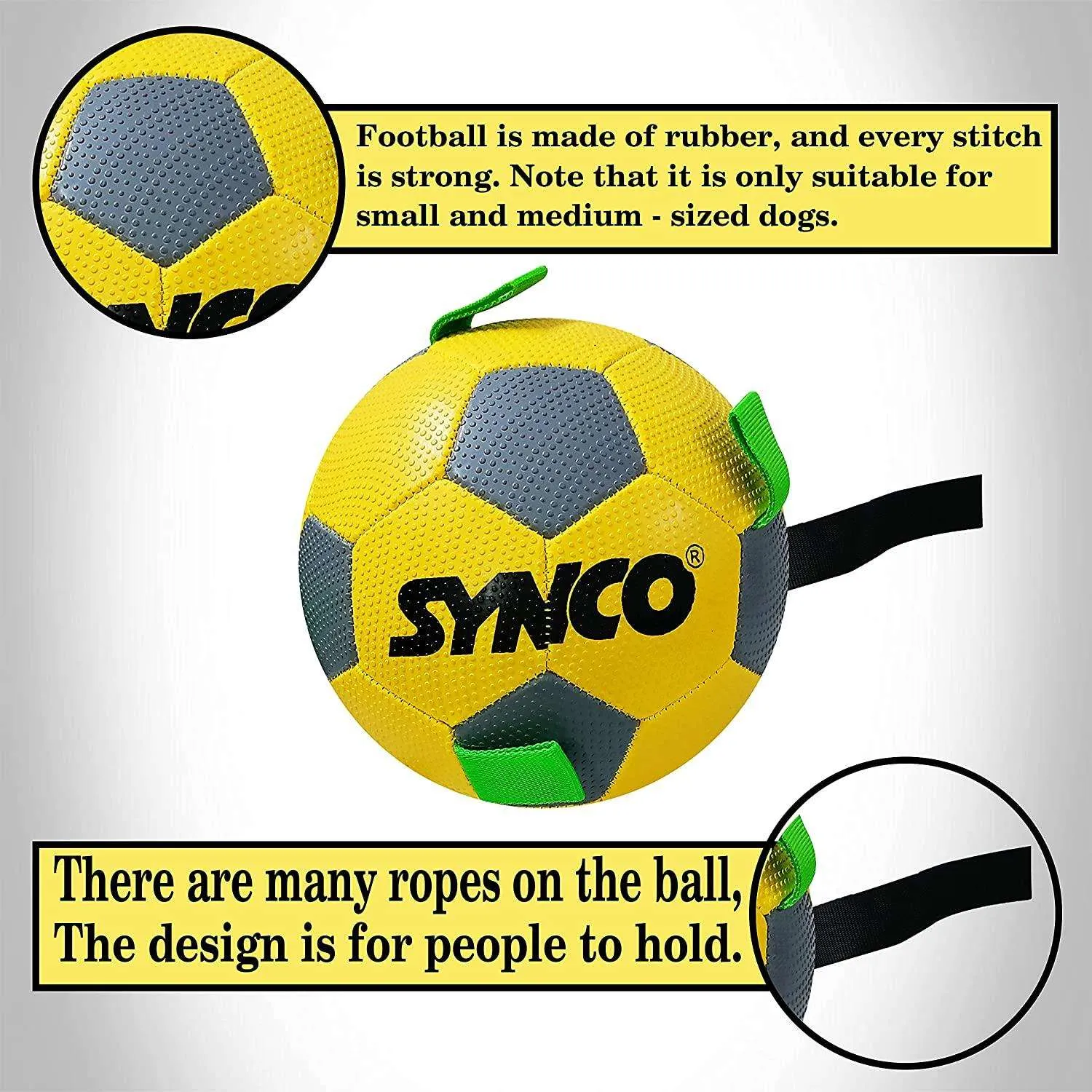 Synco Dog Toy Football with Green Holding Loops | Dog Ball Size-3 | Dog Toy Ball (Yellow)