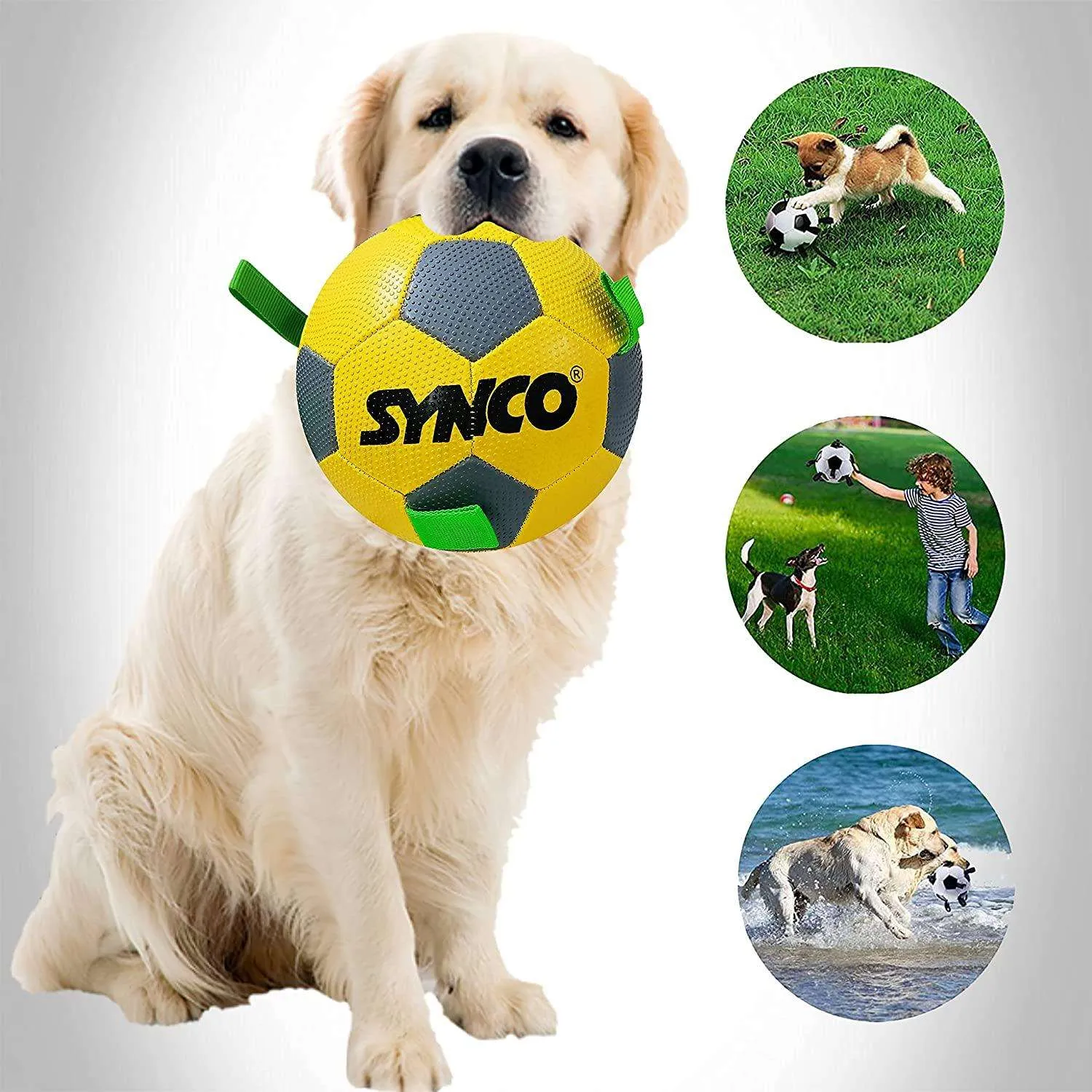 Synco Dog Toy Football with Green Holding Loops | Dog Ball Size-3 | Dog Toy Ball (Yellow)