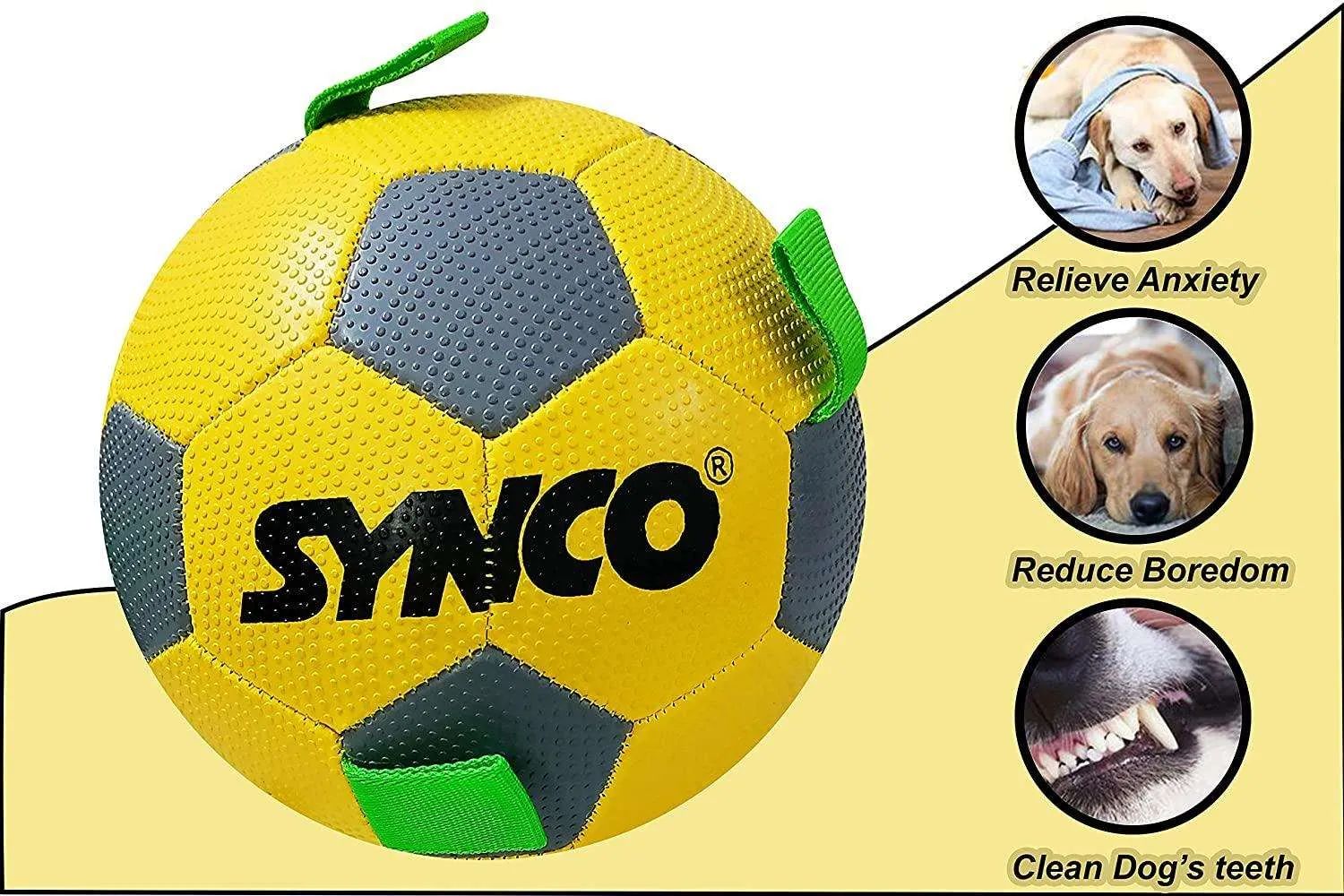 Synco Dog Toy Football with Green Holding Loops | Dog Ball Size-3 | Dog Toy Ball (Yellow)