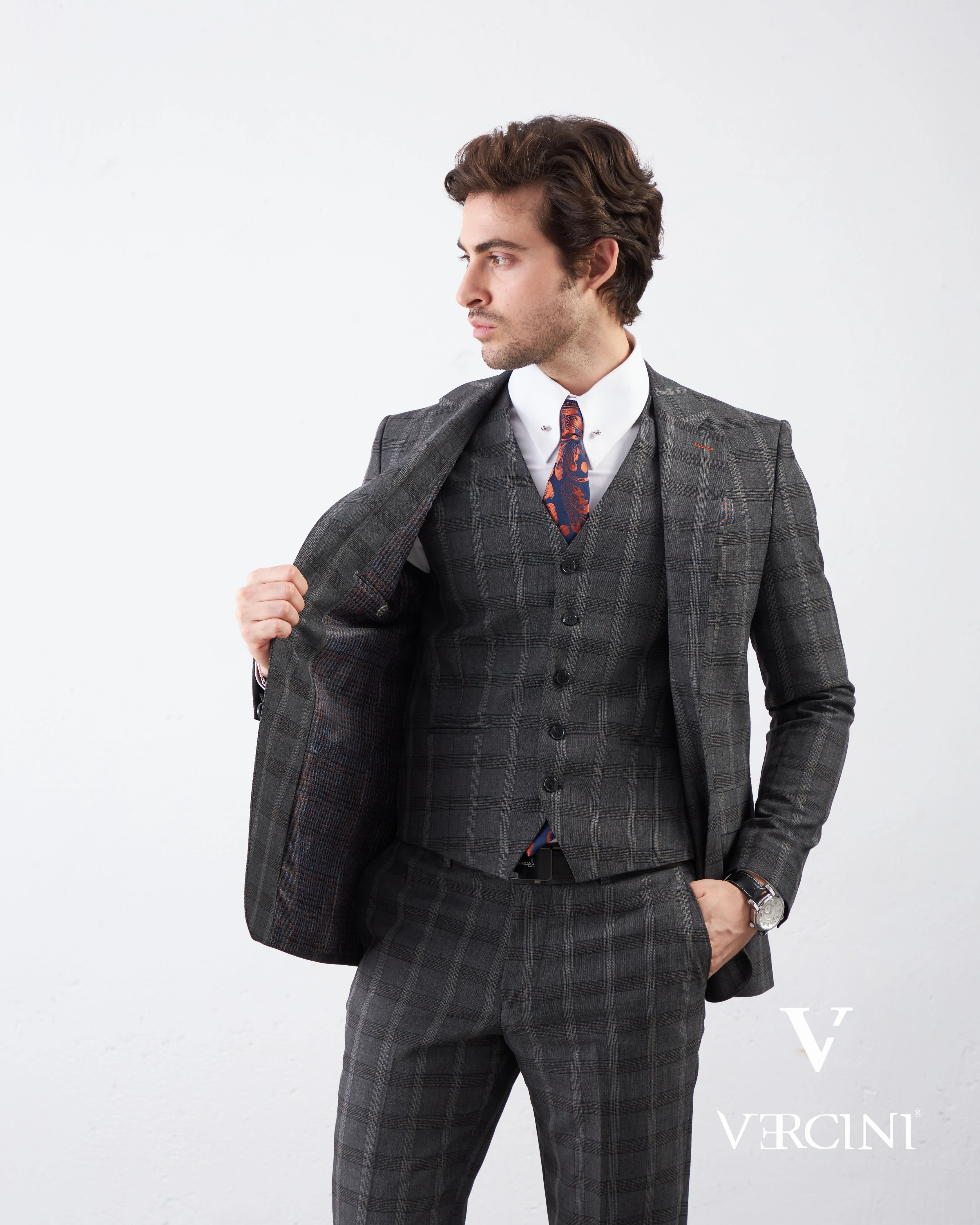 Vercini Charcoal Checkerboard Elegance Three-Piece Men's Suit