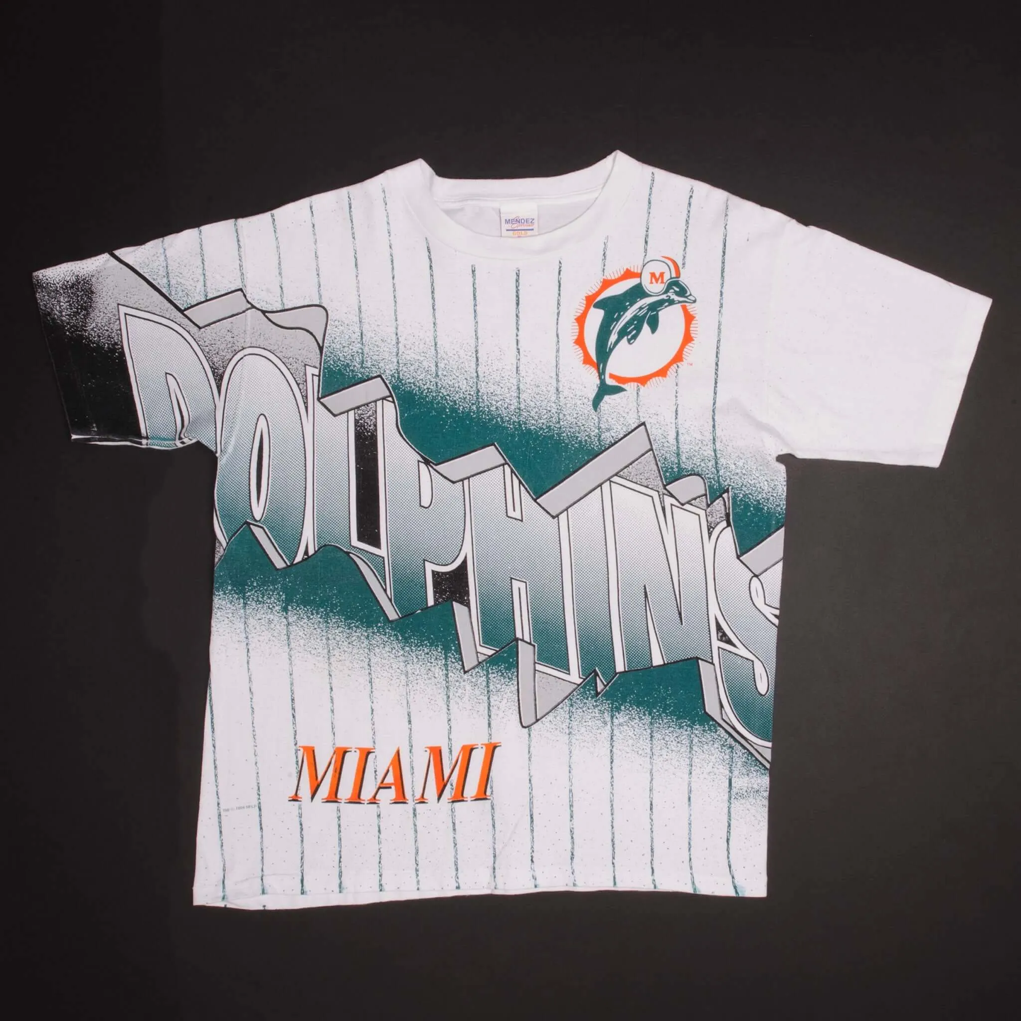 VINTAGE ALL OVER PRINT NFL MIAMI DOLPHINS TEE SHIRT 1994 XL MADE USA