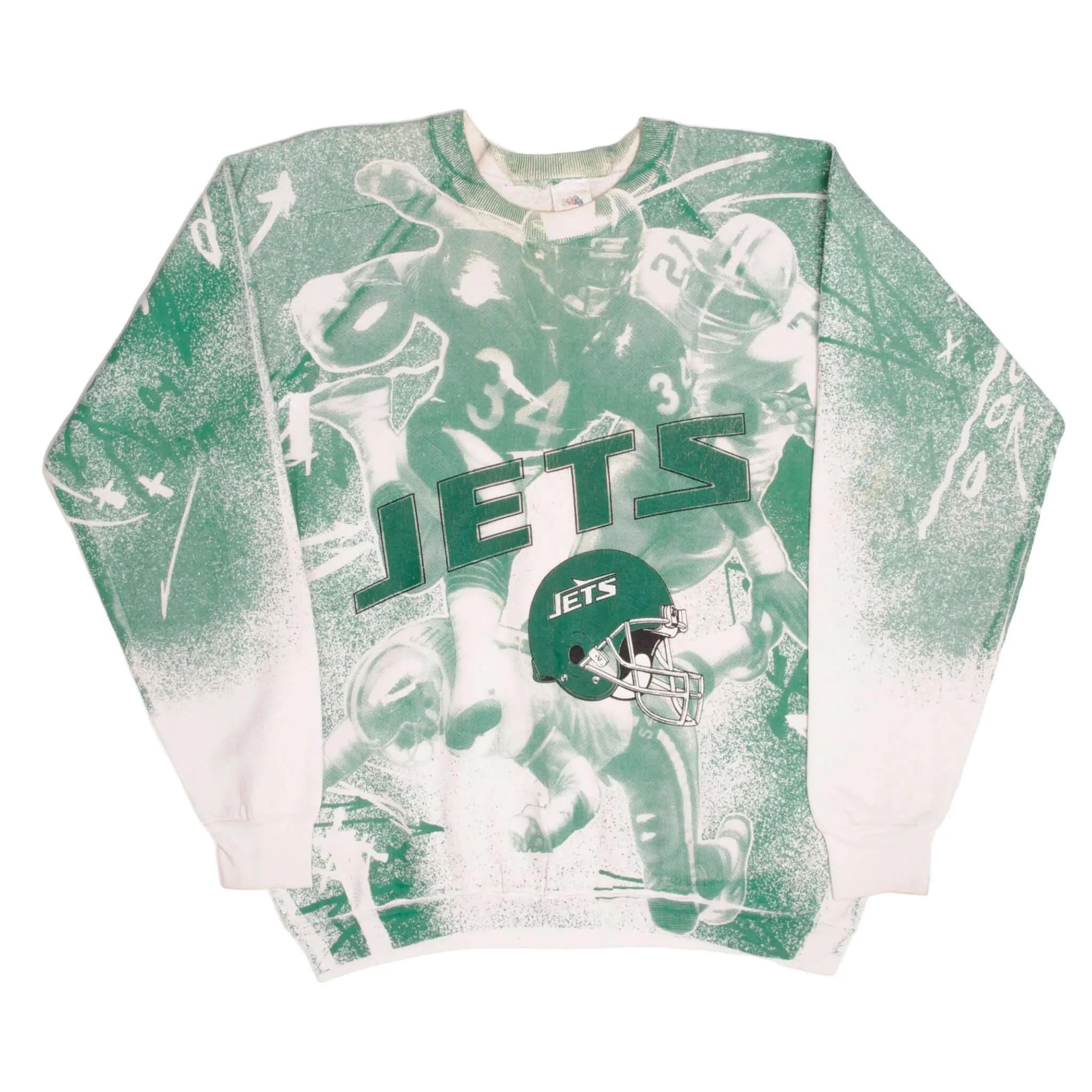 VINTAGE ALL OVER PRINT NFL NY JETS SWEATSHIRT SIZE XL MADE IN USA 1990s