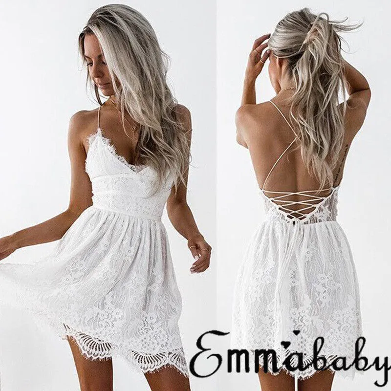 Women Mini Lace Strappy Dress