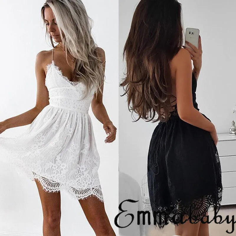 Women Mini Lace Strappy Dress